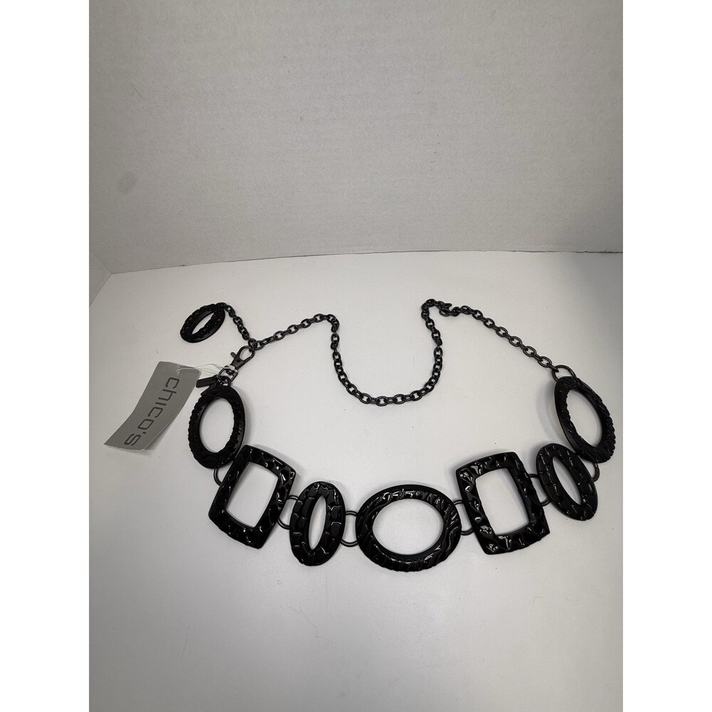 Chico’s Black Metal Shapes Chain Link Belt Textured Animal Print Sz S/M 42” New